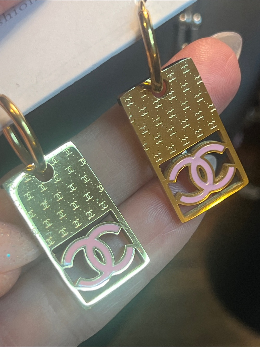 Gold-Tone Pink Logo Rectangular Drop Earrings
